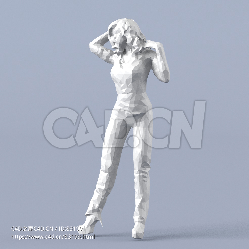 低面多边形卡通人物站立摆弄头发的女人模型 - C4D之家 - 018.jpg