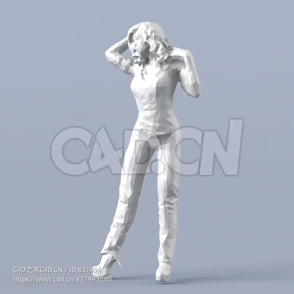 低面多边形卡通人物站立摆弄头发的女人模型 - C4D之家 - 018.jpg