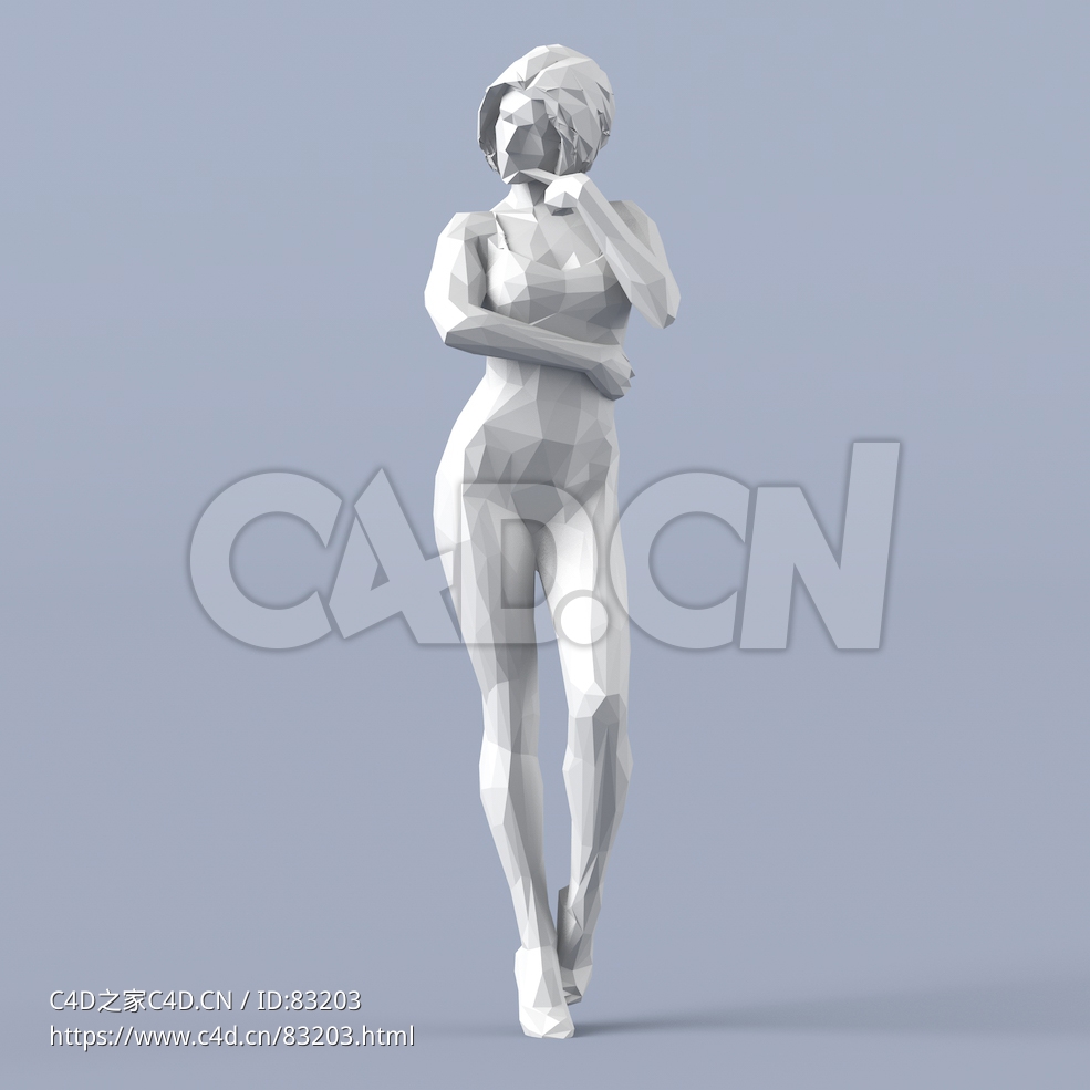 低面多边形卡通人物单手托下巴思考的女人模型 - C4D之家 - 022.jpg