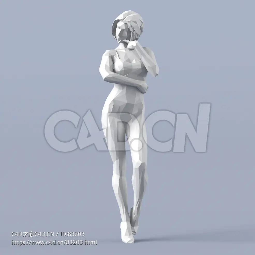 低面多边形卡通人物单手托下巴思考的女人模型 - C4D之家 - 022.jpg