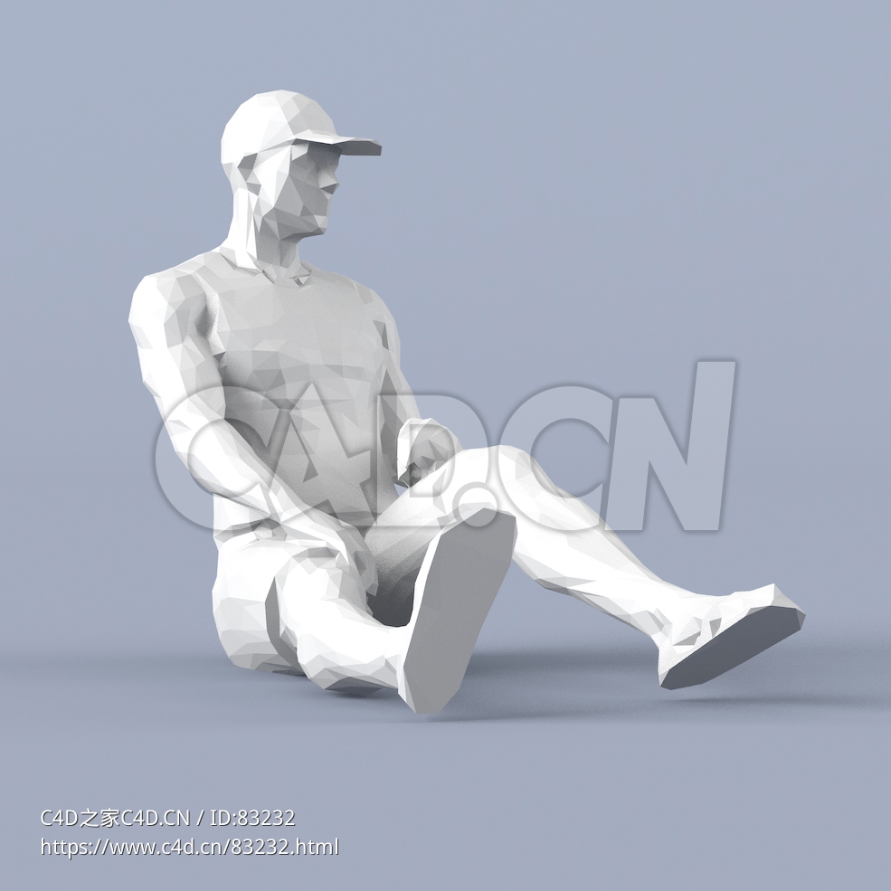 低面多边形卡通人物戴帽子坐地上的男人模型