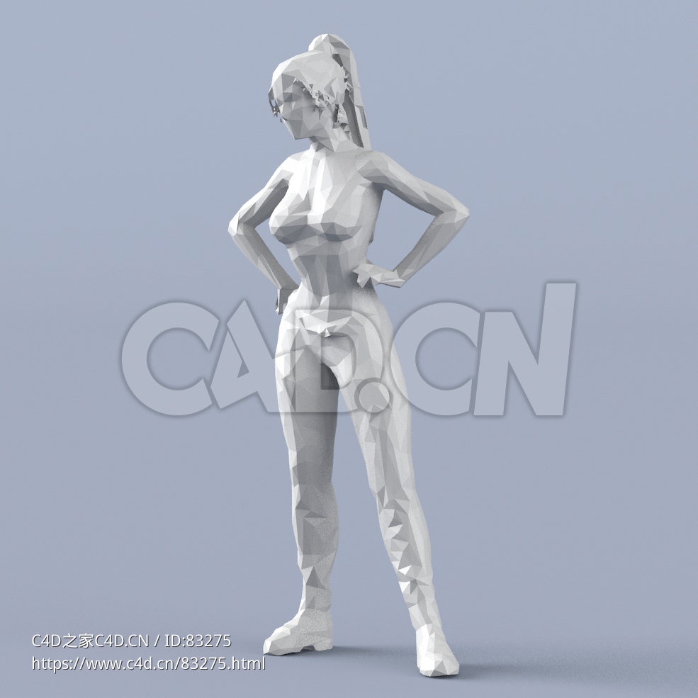 低面多边形卡通人物双手叉腰站立的马尾辫女孩模型 - C4D之家 - 094.jpg