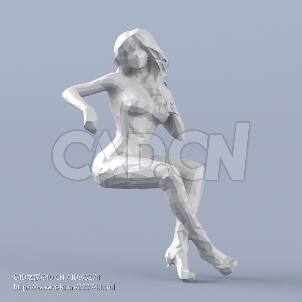 低面多边形卡通人物坐着的长发美女模型