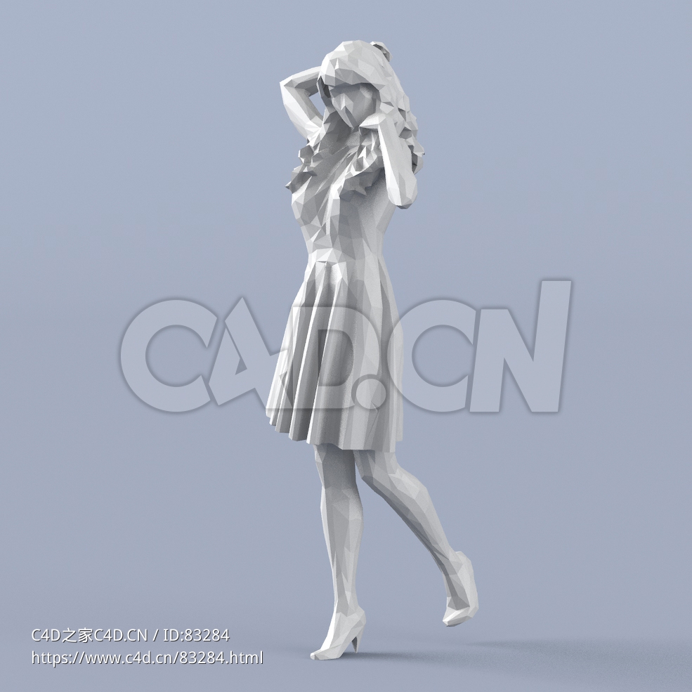 低面多边形卡通人物抚弄头发的长裙女孩模型 - C4D之家 - 103.jpg