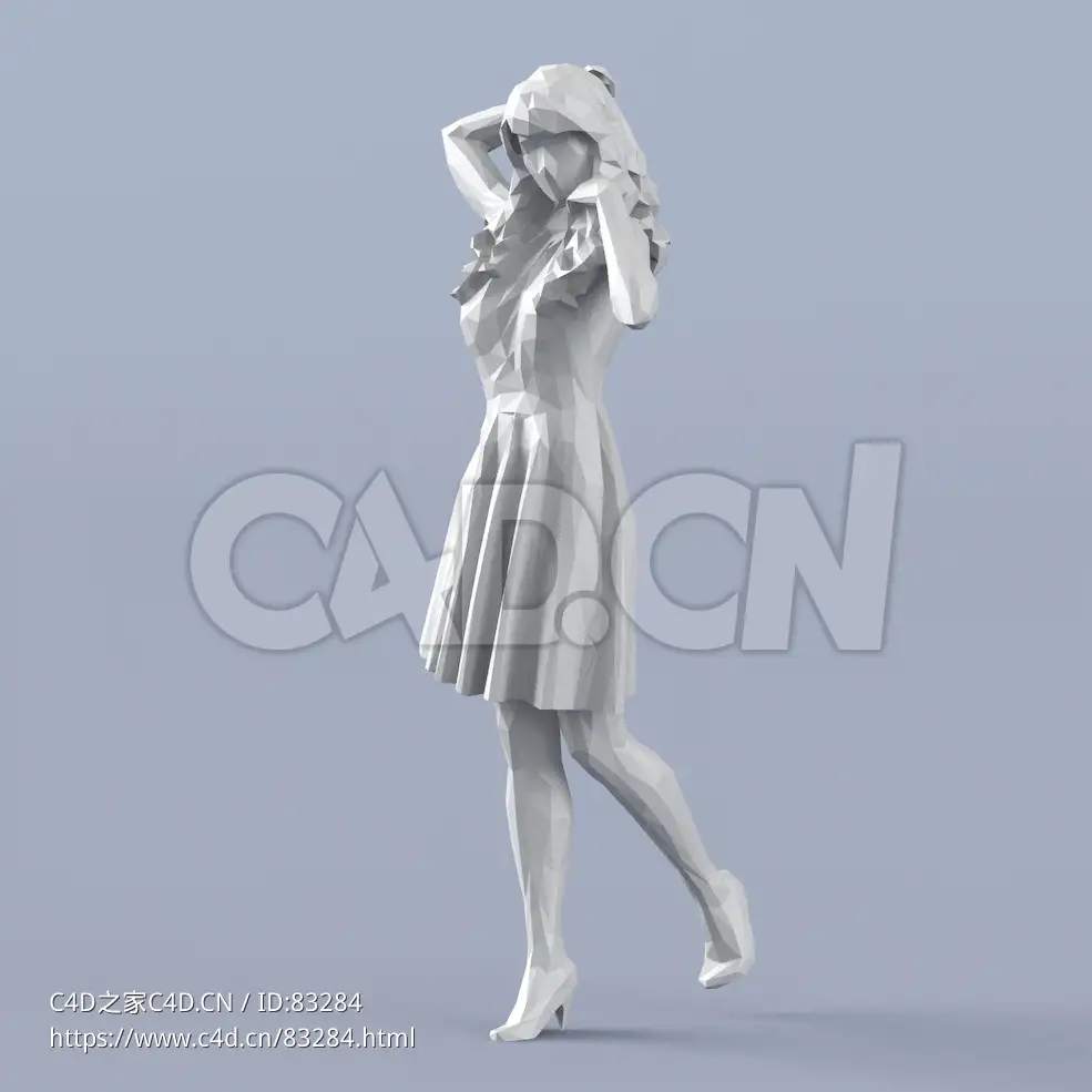 低面多边形卡通人物抚弄头发的长裙女孩模型 - C4D之家 - 103.jpg