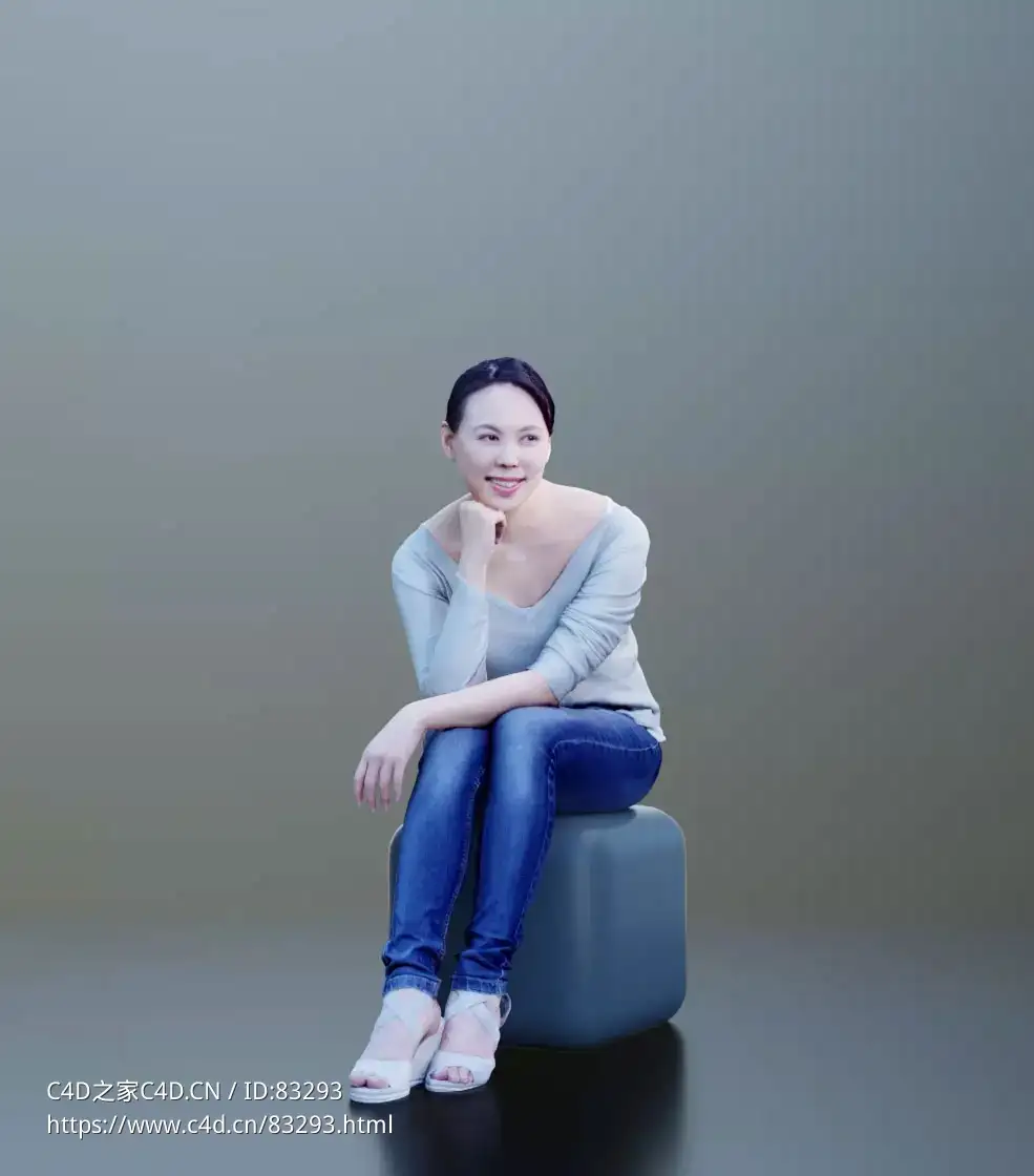 三维扫描写实人物托腮坐着观看的东方女性 - C4D之家 - 003.jpg