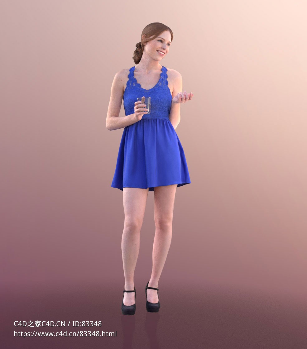 三维扫描写实人物穿蓝色蕾丝裙端水杯聊天的外国女人 - C4D之家 - 058.jpg