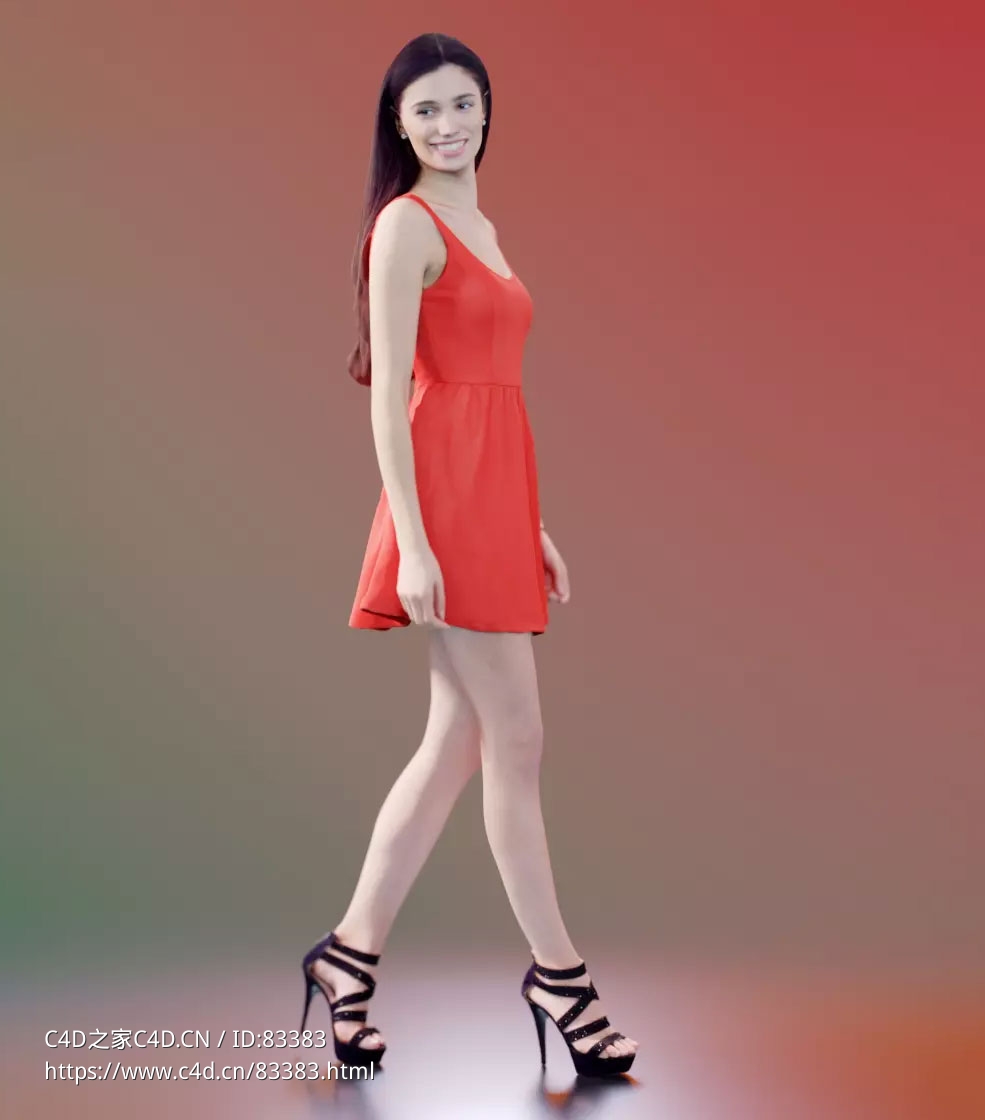 三维扫描写实人物穿红色短裙走路的国外女性 - C4D之家 - 093.jpg