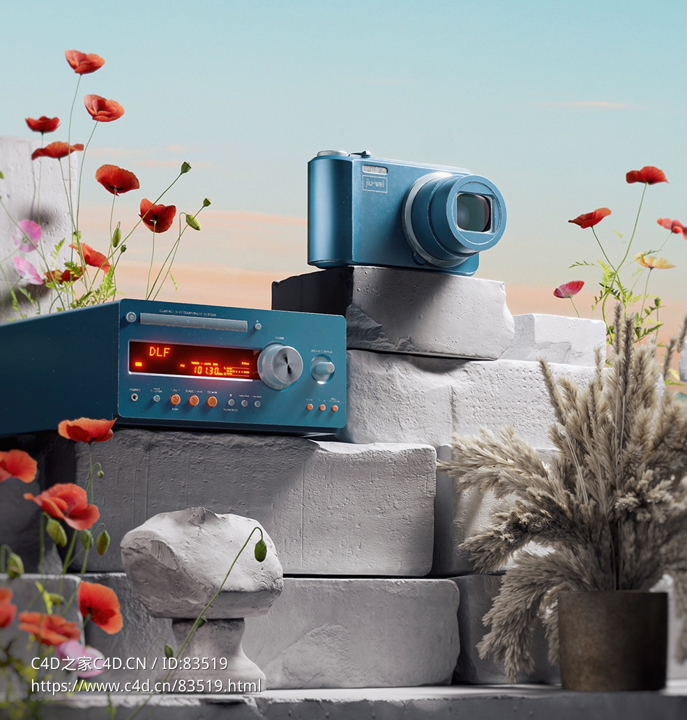 砖墙上的照相机收音机