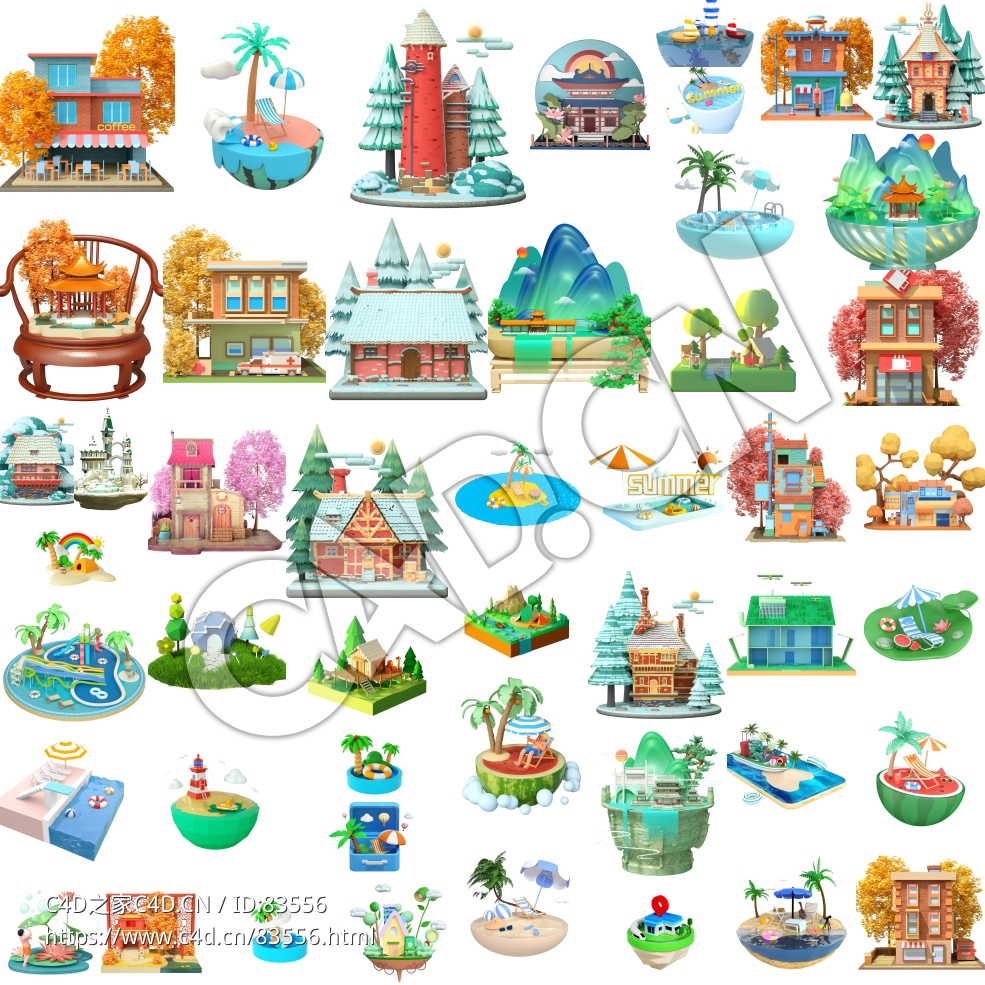 四十八套国风微缩景观卡通场景模型合集