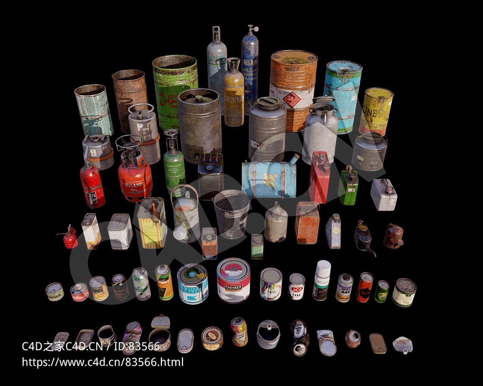 64个生锈铁桶罐子油桶煤气罐油漆桶易拉罐模型