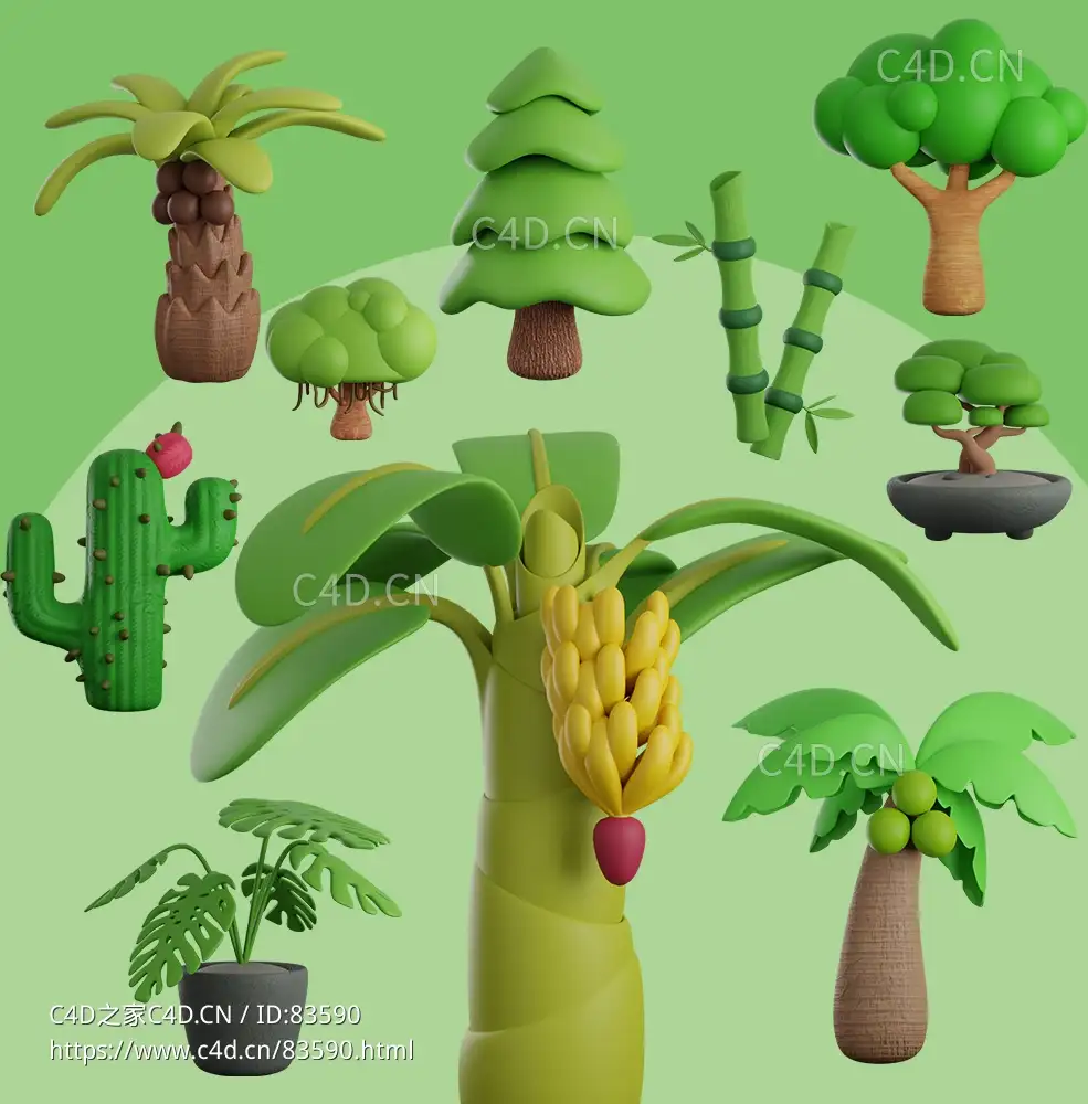 10株卡通树木绿植盆栽模型合集