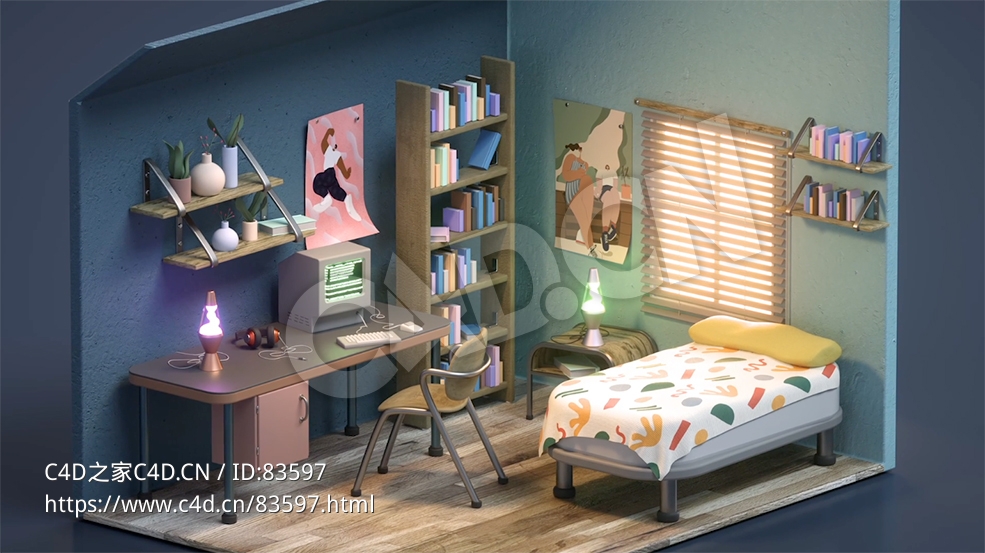 卡通儿童卧室房间C4D OC建模渲染视频教程How to Make an Isometric Room in Cinema 4D and Octane