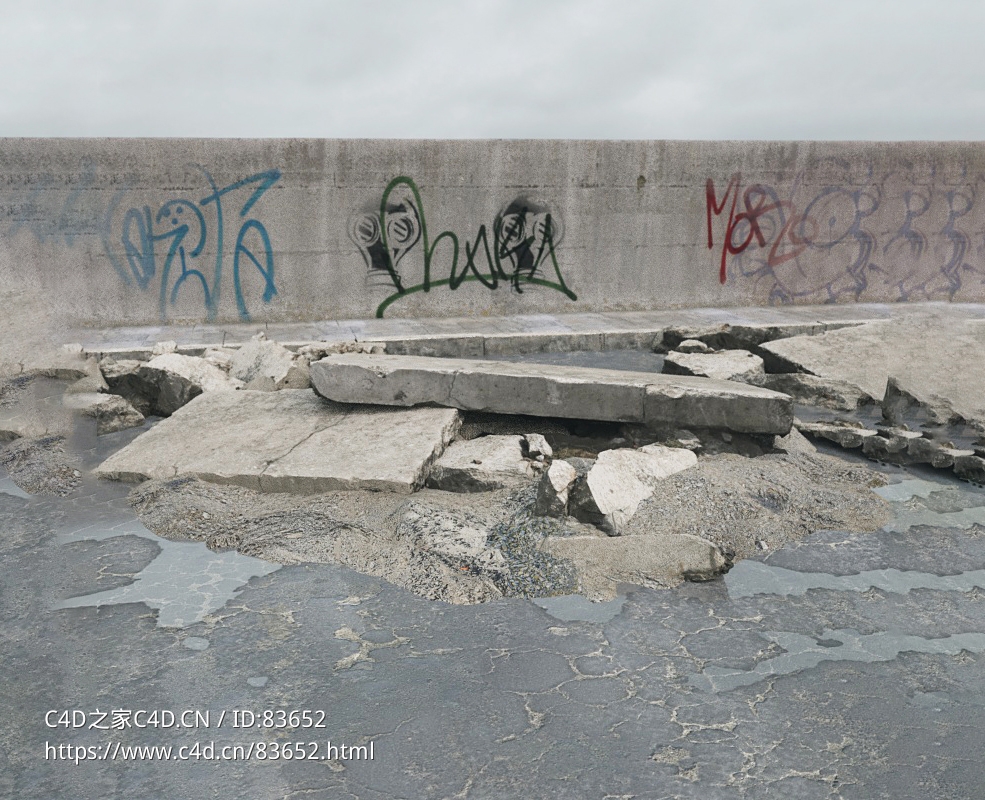 战后损毁模型：水泥墙混凝土块碎渣