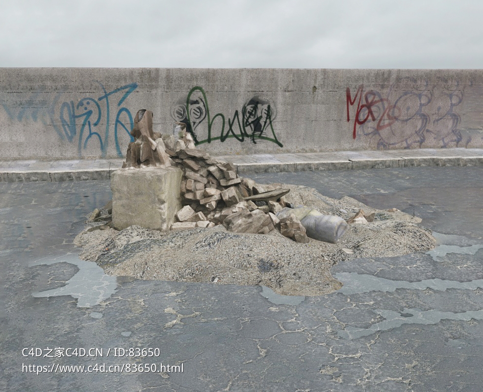 战后损毁模型：废混凝土块碎砖石渣