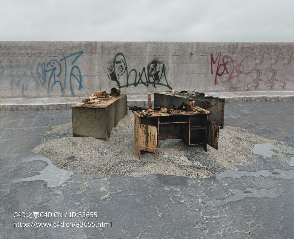 战后损毁模型：旧桌子废弃家具