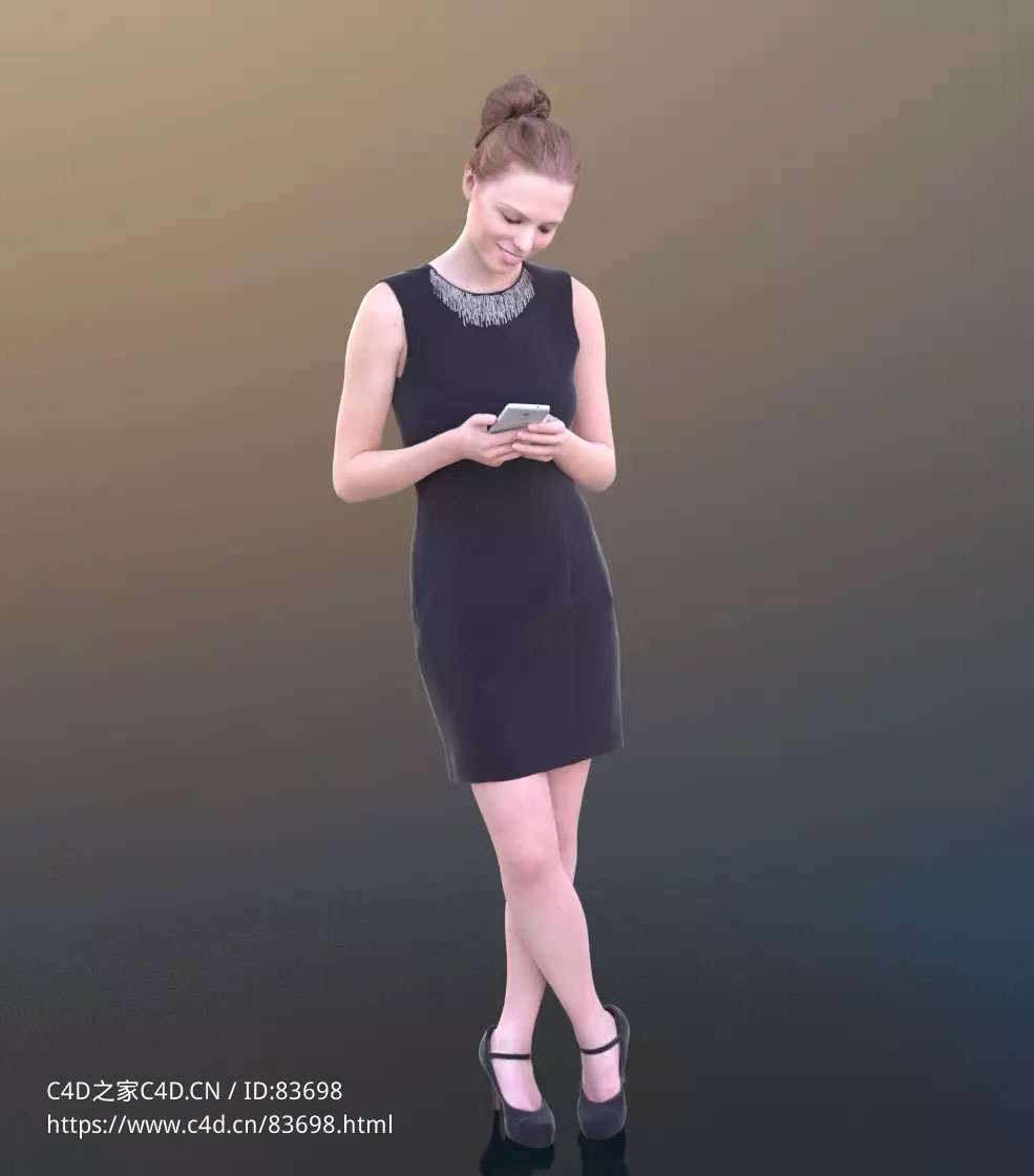 三维扫描写实人物穿黑色裙子站着低头玩手机的国外女人 - C4D之家 - 142.jpg