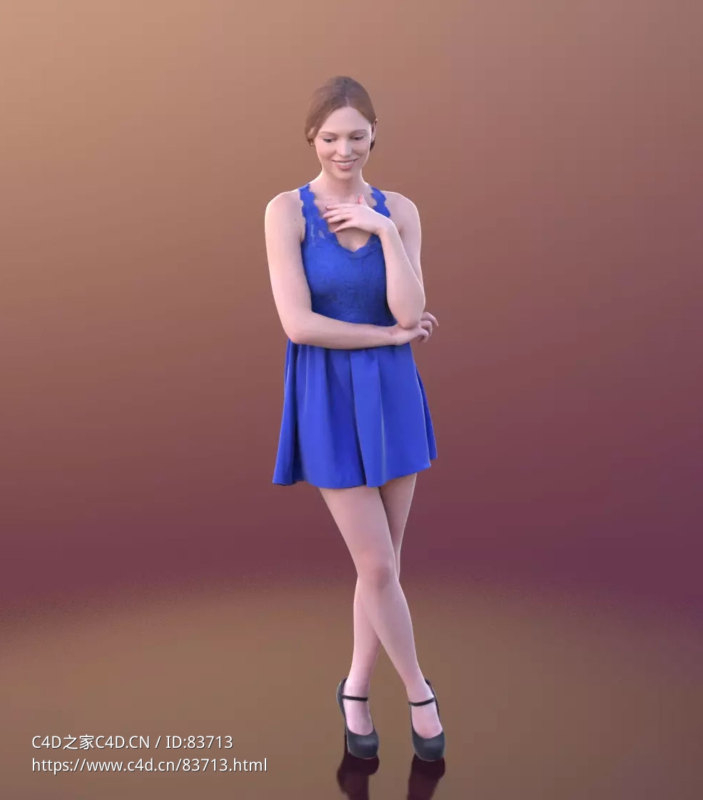 三维扫描写实人物穿蓝色短裙娇羞站着的国外女人 - C4D之家 - 157.jpg