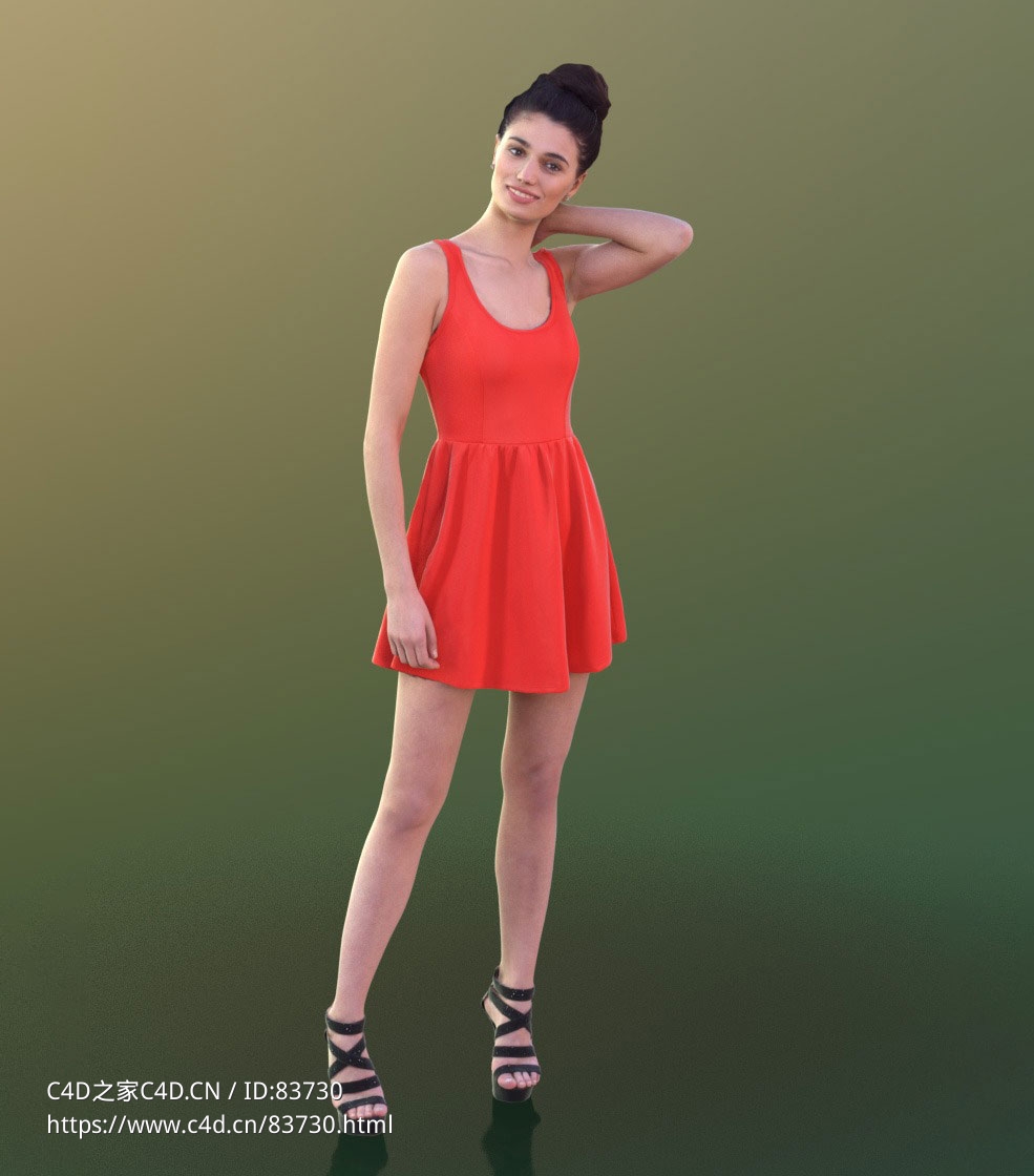 三维扫描写实人物穿红色短裙摸头站立的国外女人 - C4D之家 - 174.jpg