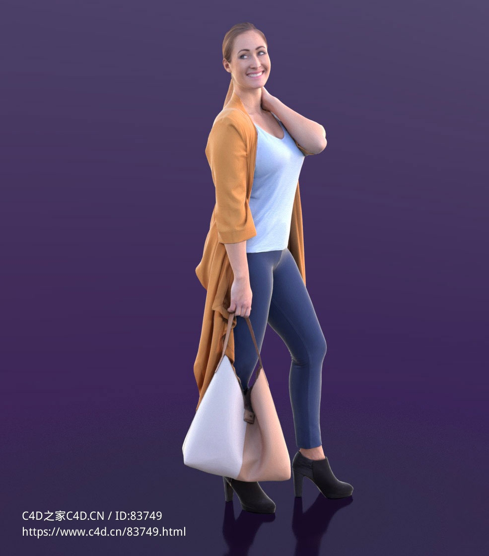 三维扫描写实人物手提包行走扭头微笑的国外女人 - C4D之家 - 193.jpg