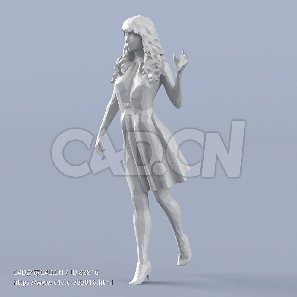 低面多边形卡通人物挥手致意的长裙女人模型 - C4D之家 - 120.jpg