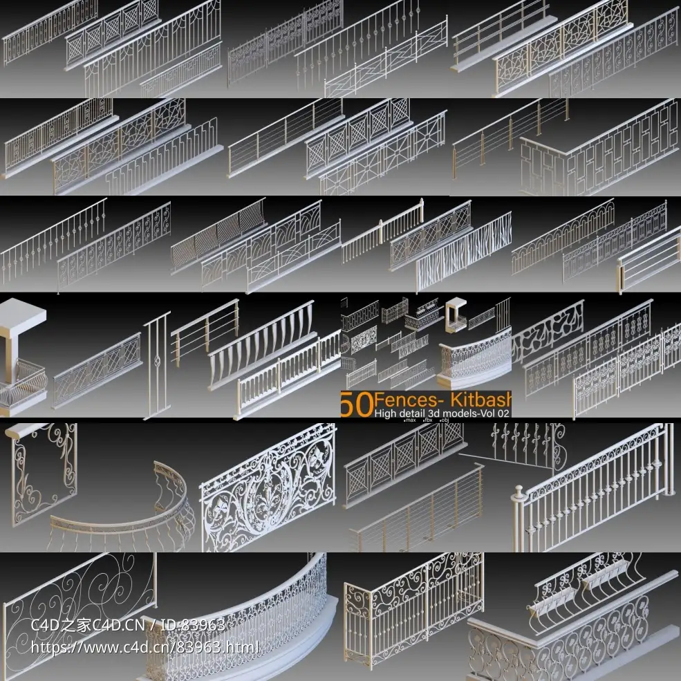 50个欧式铁艺护栏围栏铁栏杆模型合集50 Fences Kitbash High detail 3d models Vol 02