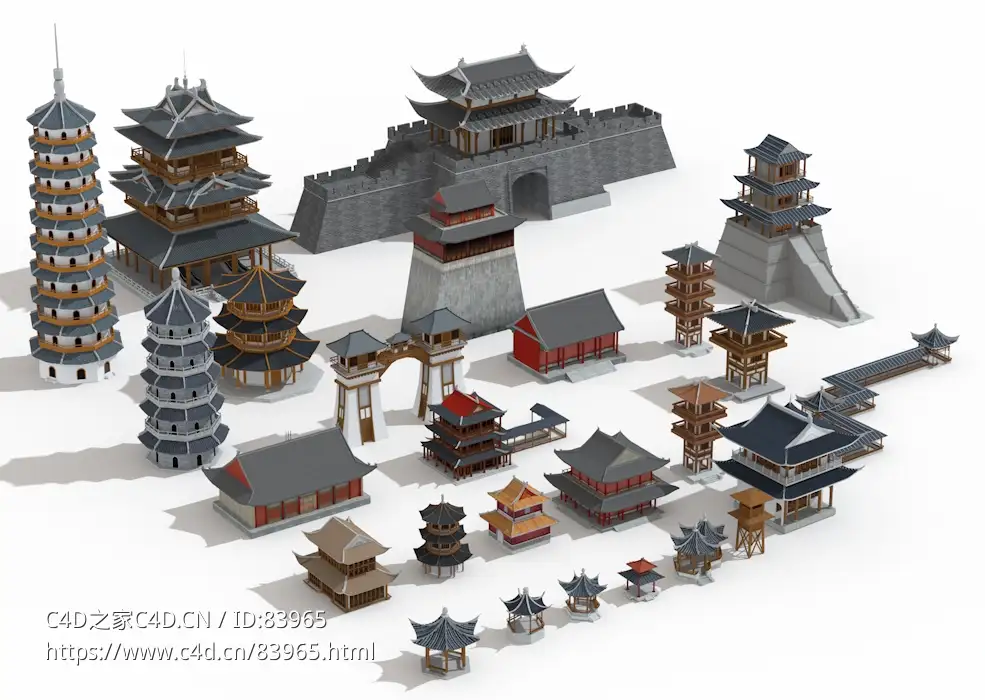 26个中式古建筑模型合集塔凉亭城门寺庙