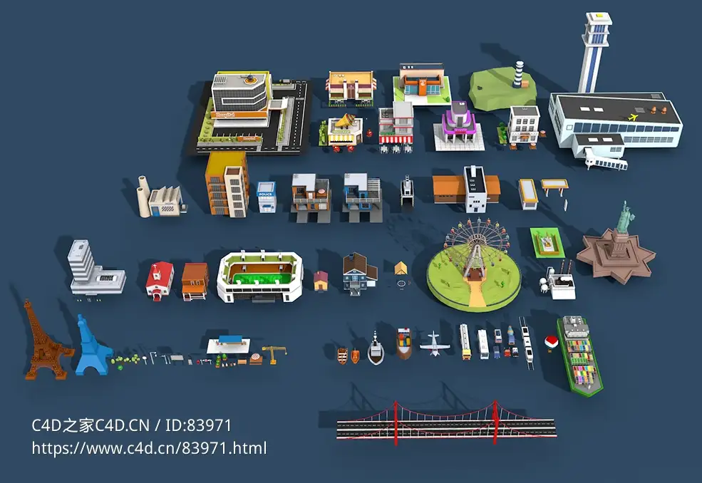 低面卡通城市建筑流乐园交通工具摩天轮房子模型合集