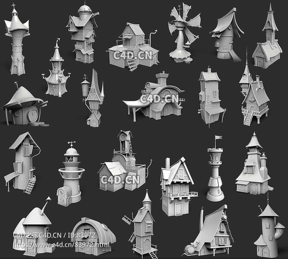 23个卡通动漫木屋房子建筑模型合集