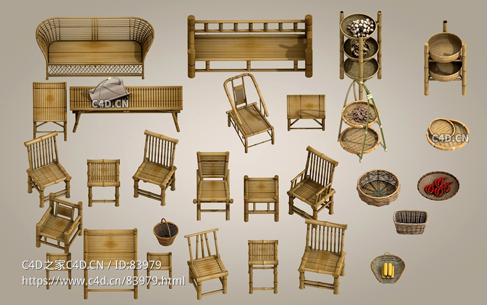 28个藤编竹椅筐子篮子篓子椅子模型