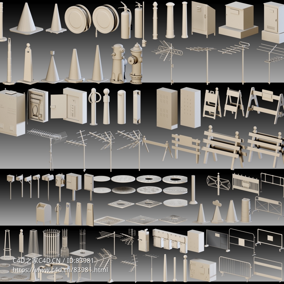 102个公共设施模型天线井盖邮箱电表箱围挡提示牌+102 Urban Props- Vol 02- Kitbash- High detail 3d models