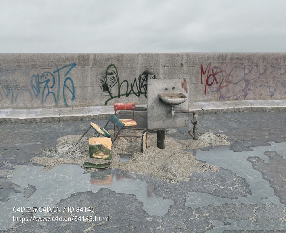 战后损毁模型：废弃家具椅子洗手池