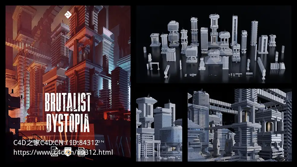 62个野兽派风格楼房建筑C4D模型Brutalist Dystopia - 3D Kitbash Pack