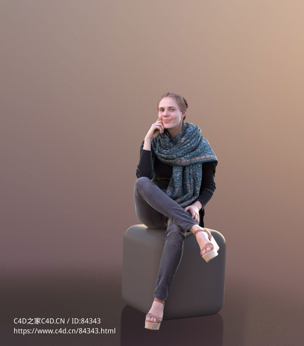 三维扫描写实人物单手托下巴坐着观看的国外女人 - C4D之家 - 264.jpg