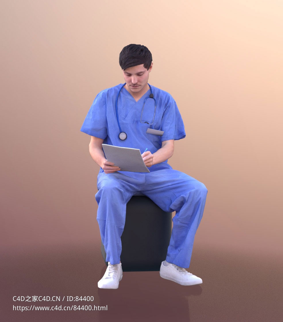 三维扫描写实人物穿蓝色手术服坐着写材料的男医生 - C4D之家 - 321.jpg