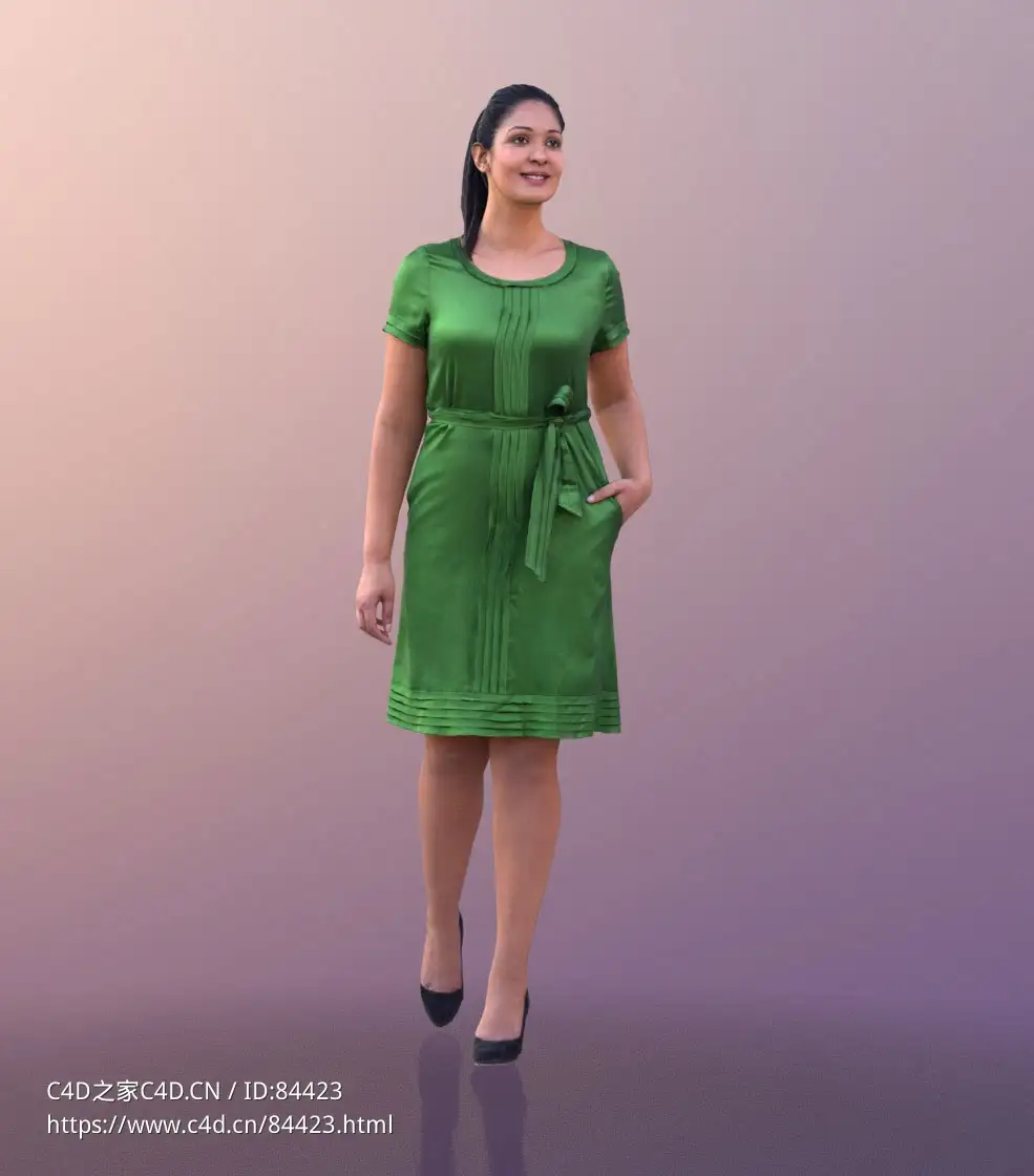 三维扫描写实人物穿绿色连衣裙行走的国外女人 - C4D之家 - 344.jpg