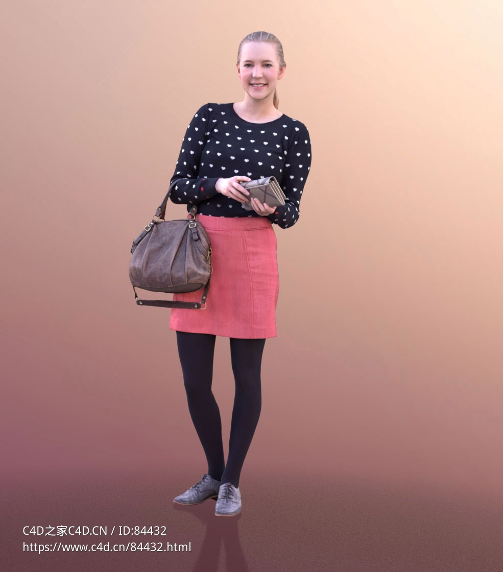 三维扫描写实人物穿黑色裤袜手拿钱包的国外女人