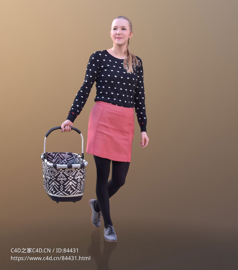三维扫描写实人物手提篮子行走的国外女人