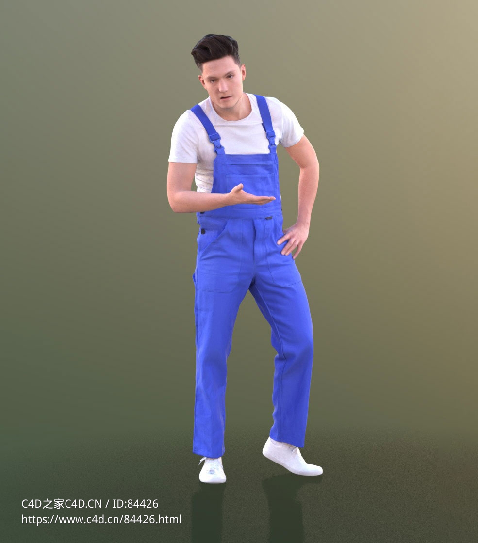 三维扫描写实人物穿背袋裤介绍的国外年轻男性工人