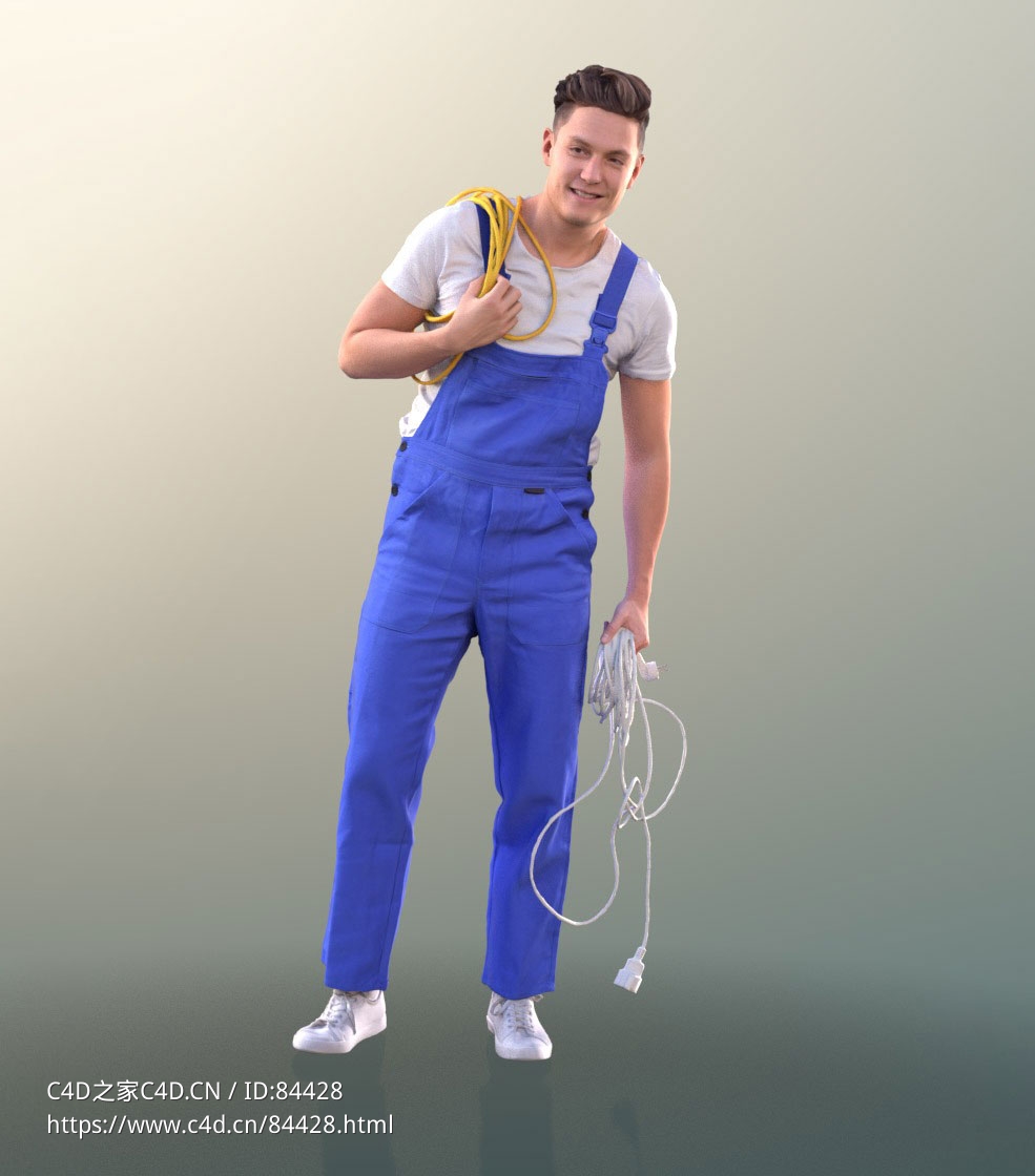 三维扫描写实人物拿电线维修的国外年轻男性工人