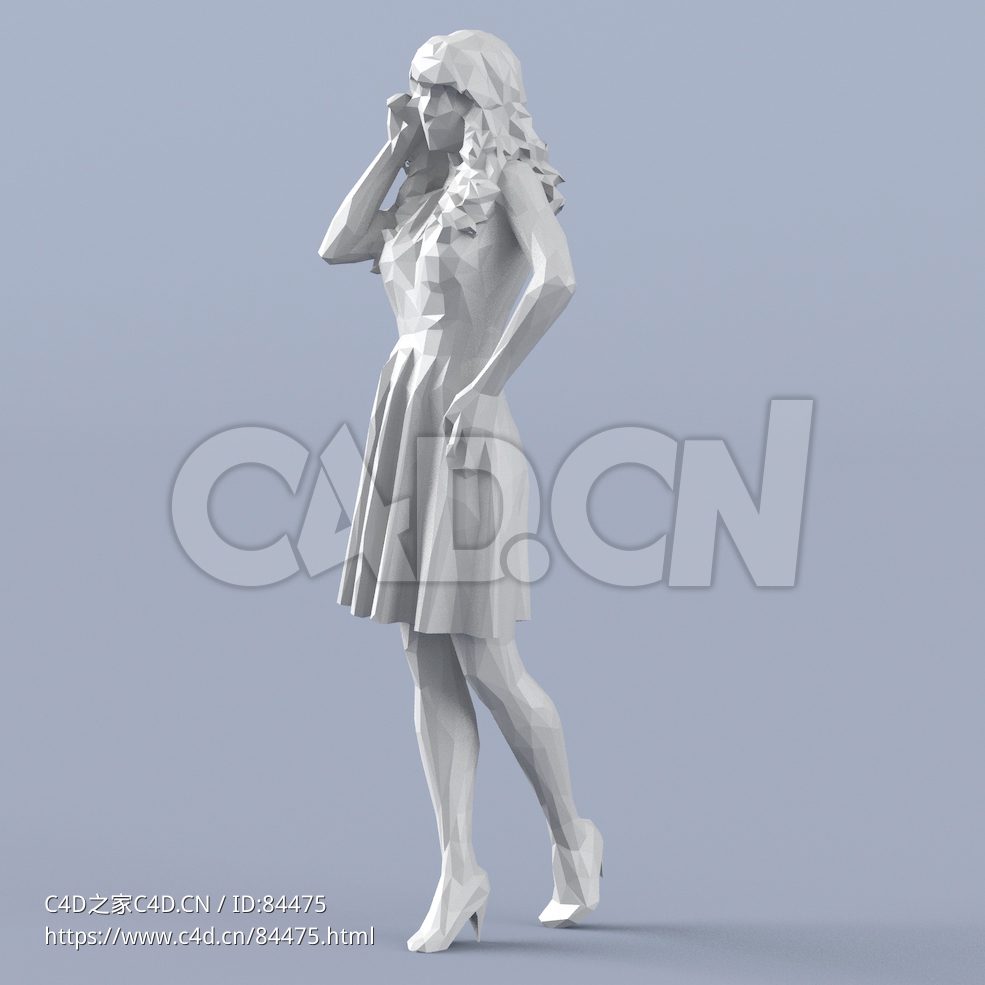 低面多边形卡通人物站着叉腰的长裙女性模型