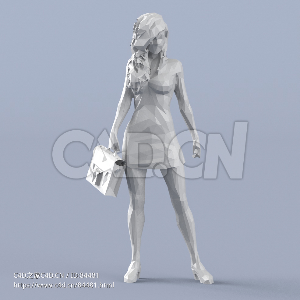 低面多边形卡通人物手拿皮包站立的短裙女秘书模型