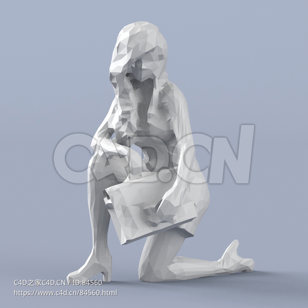低面多边形卡通人物拿袋子单膝跪地的女人模型
