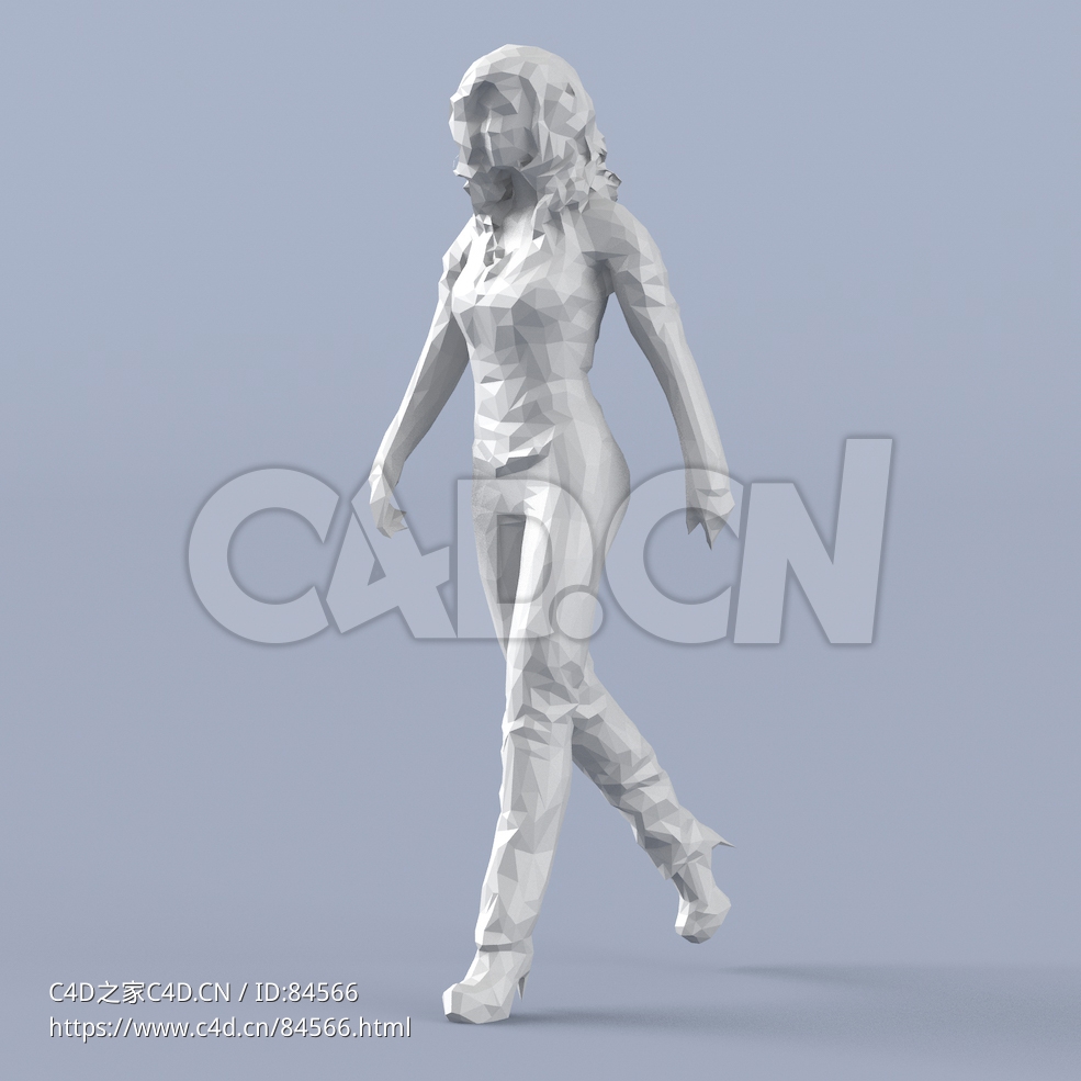 低面多边形卡通人物走路的卷发女性模型