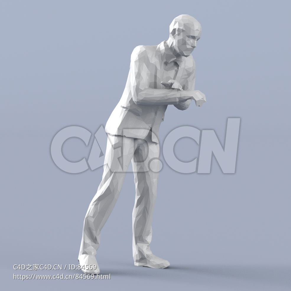 低面多边形卡通人物看手表的光头男人模型