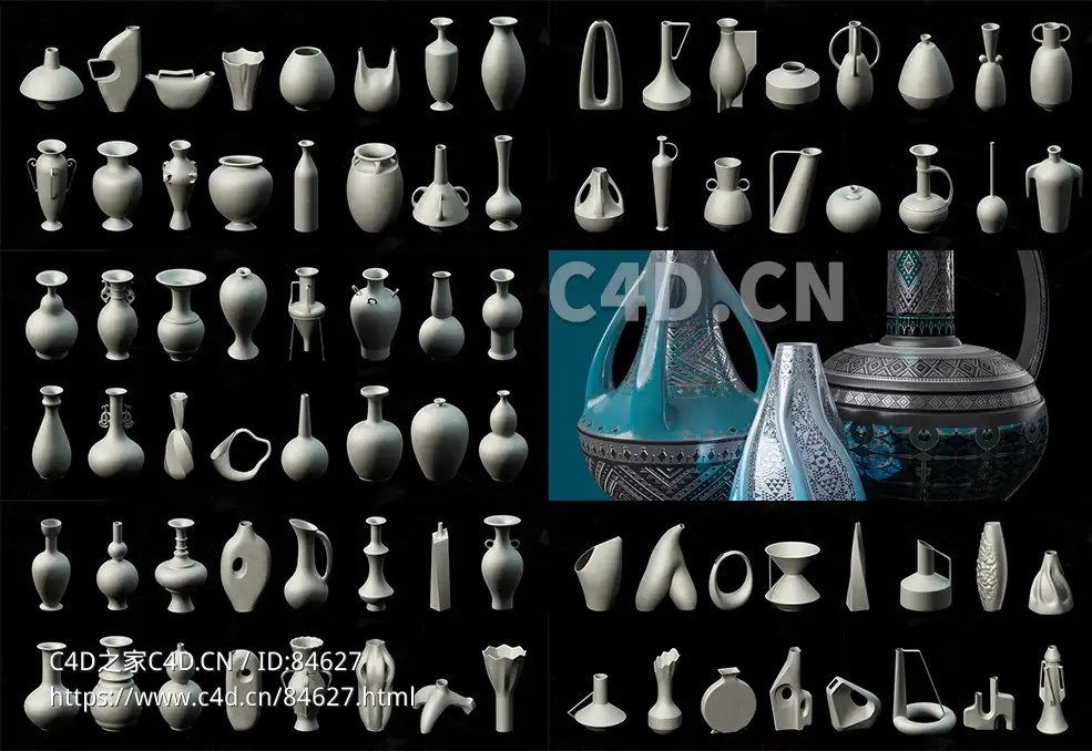 120个瓶子罐子盛物器皿花瓶酒壶坛子瓷瓶3D模型素材包120 Pots Base Mesh(Clean UV) + IMM Brush