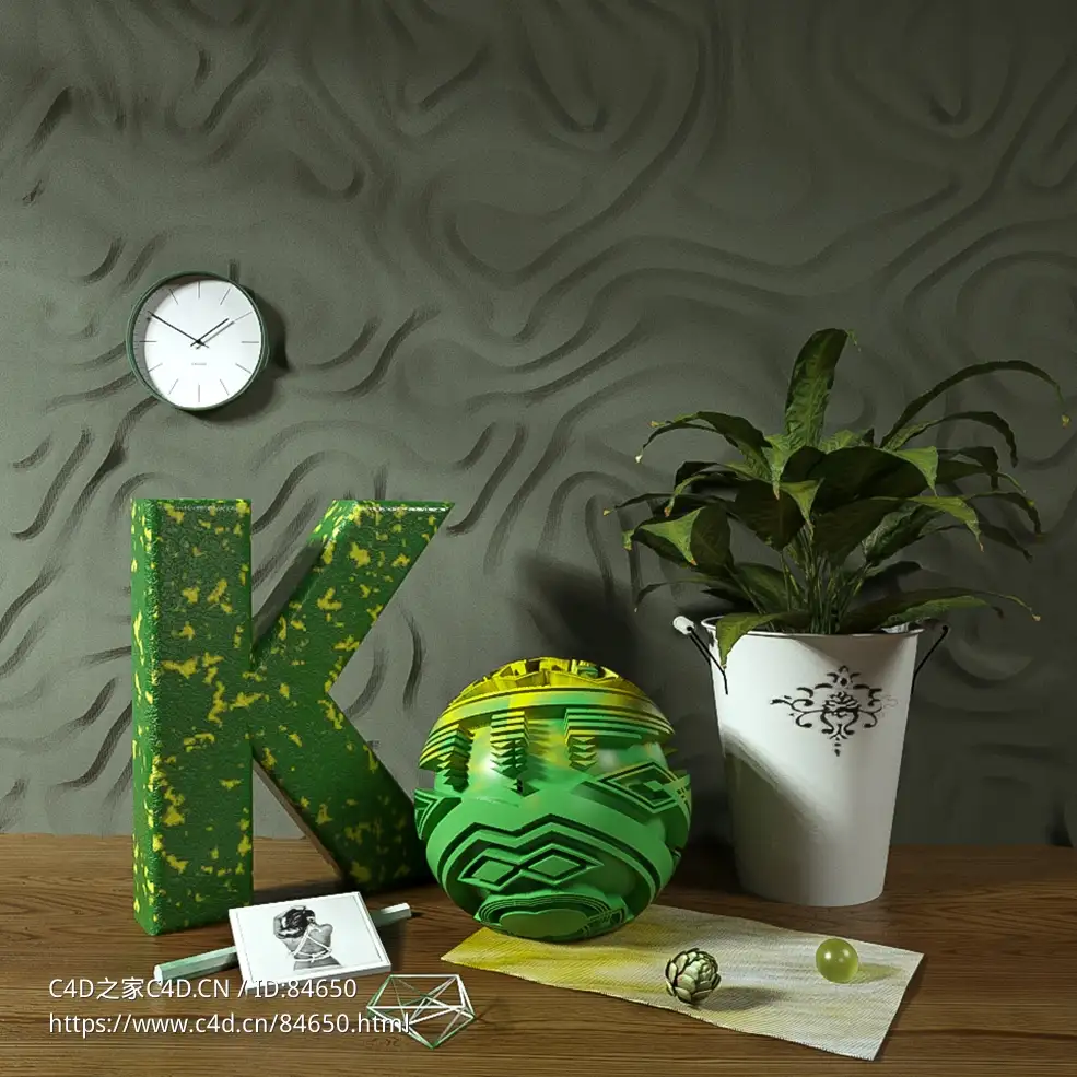 字母K创意场景钟表圆球绿植C4D octane模型