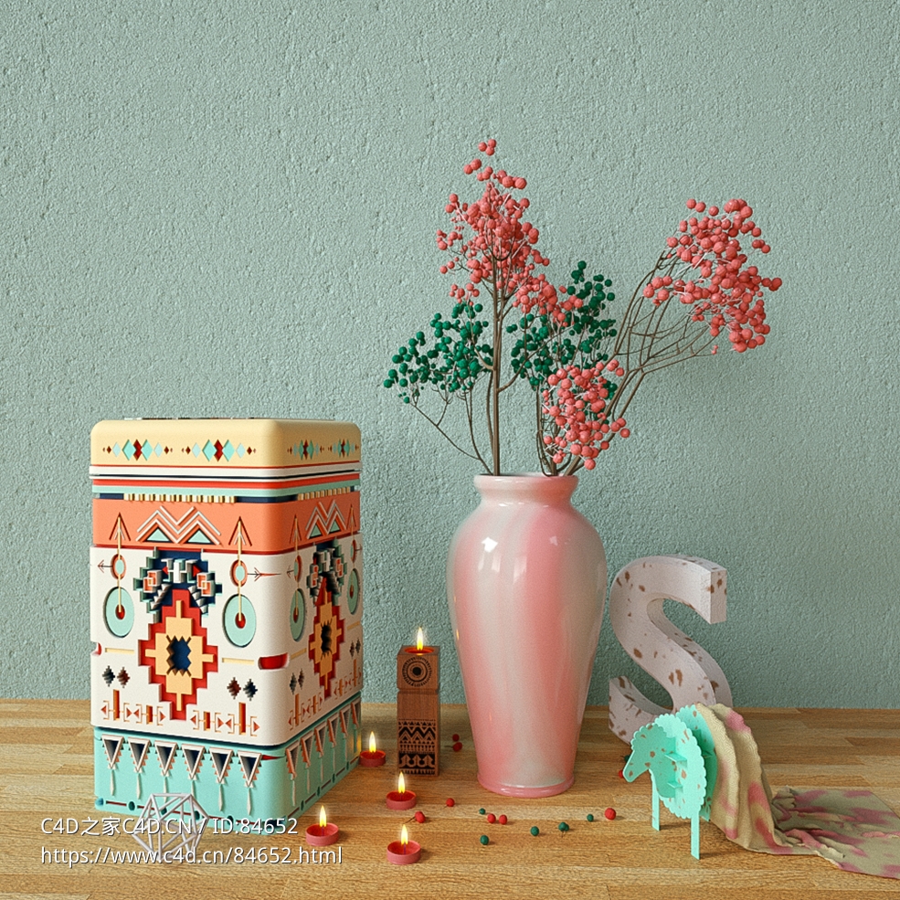 字母S创意场景花瓶枯枝花卉C4D octane模型