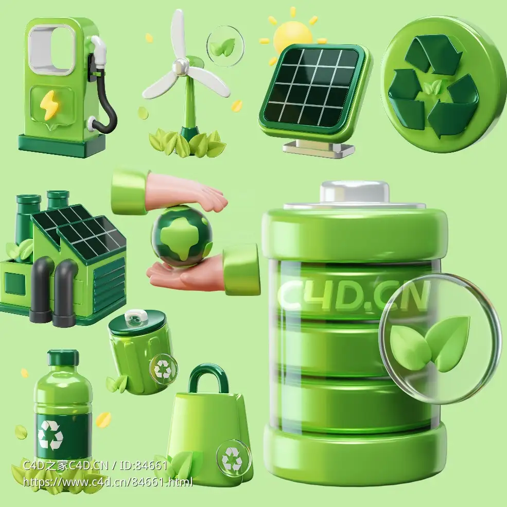 新能源绿色环保3D图标模型Solar Power Environment 3D Icon Set