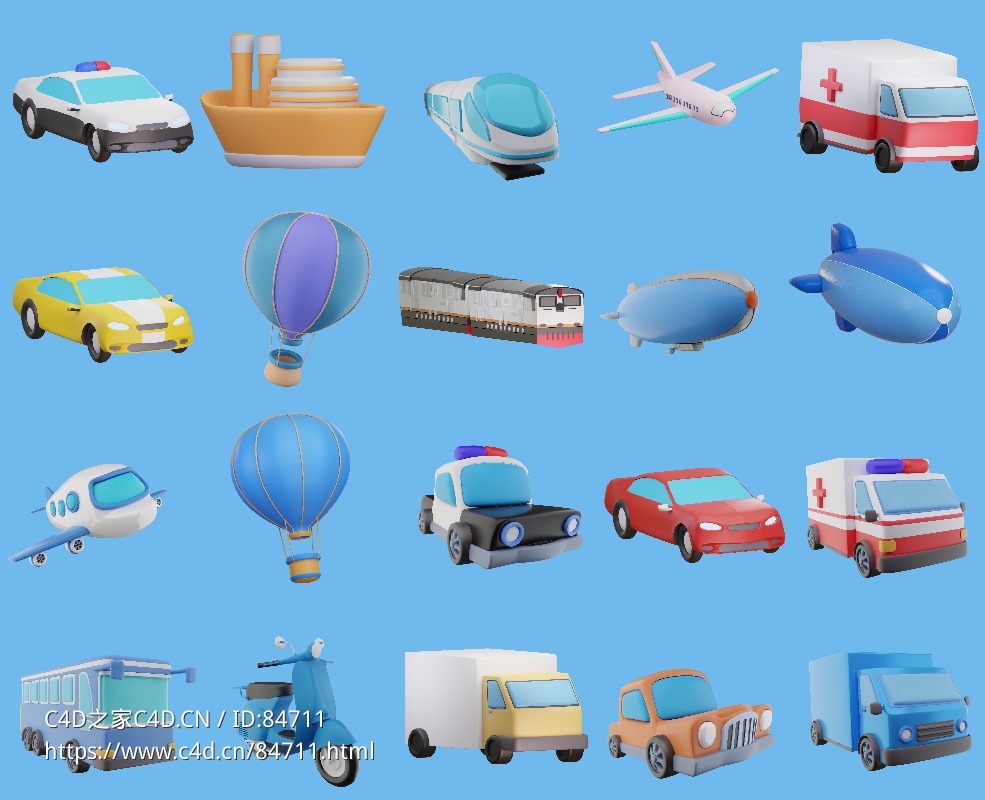 20个卡通交通工具c4d模型下载汽车飞机热气球高铁动车轮船